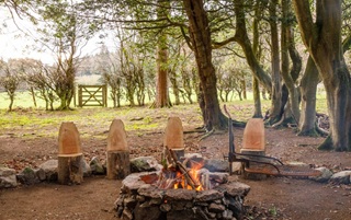 woodland cathedral with fire pit