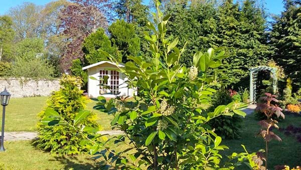 cottage garden with summer house
